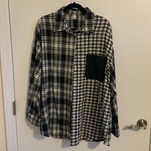 Plaid button down with faux leather detail